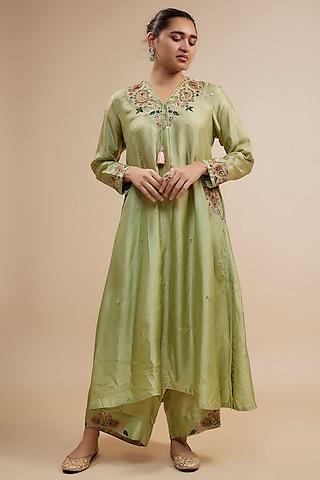 mint green silk zari embroidered kurta set