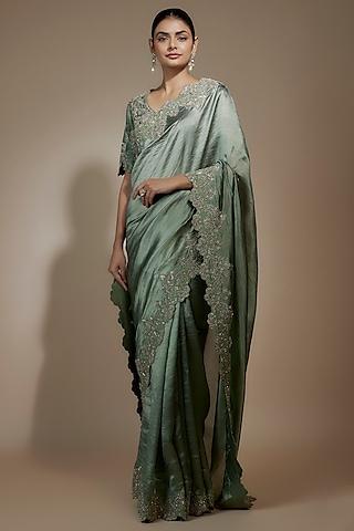 mint green silk zari embroidered saree set