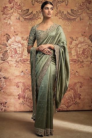 mint green silk zari embroidered saree set