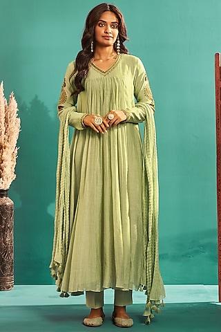 mint green soft chanderi embroidered anarkali set