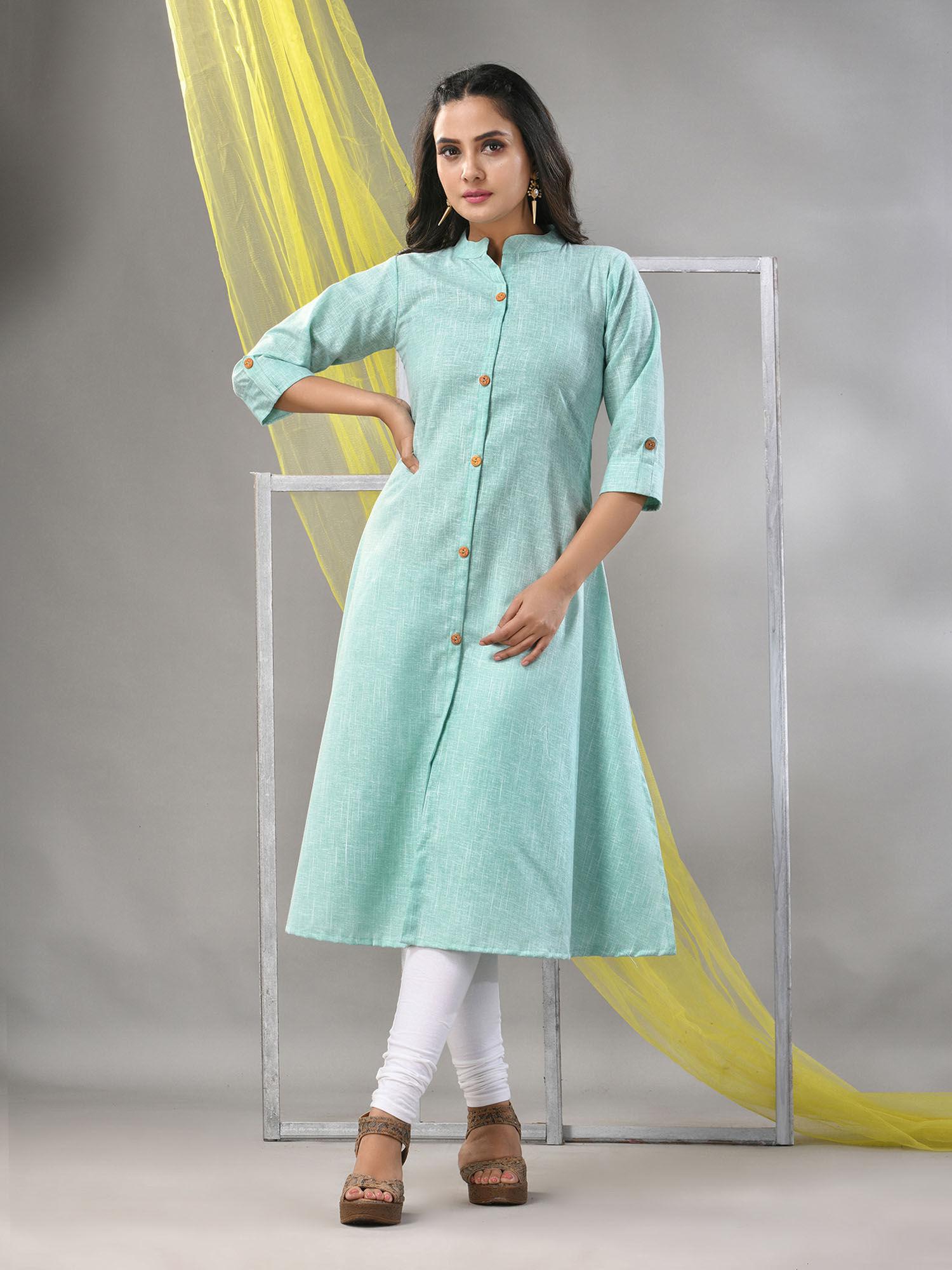 mint green solid cotton a-line kurta