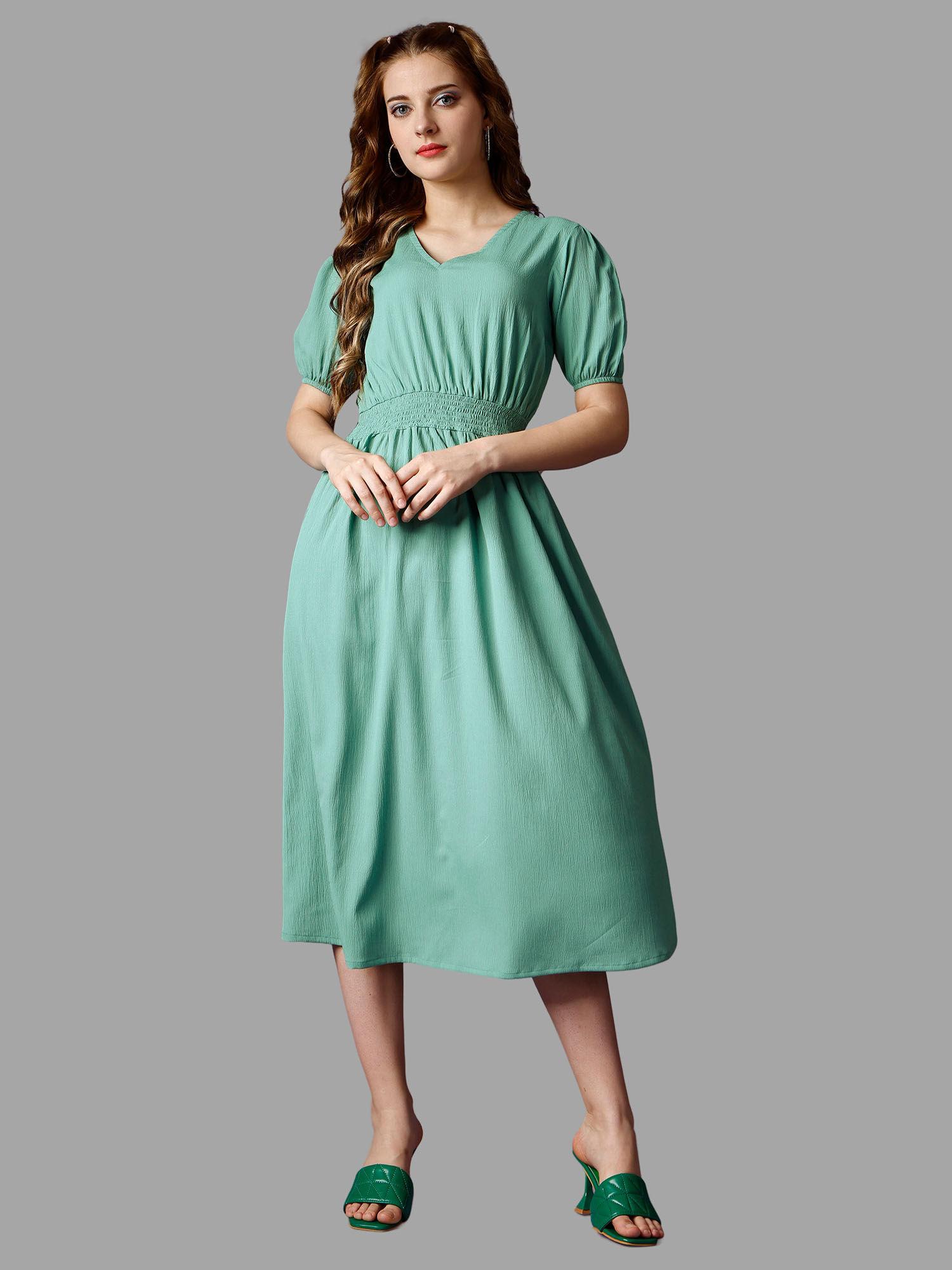 mint green solid half sleeve midi dress for women