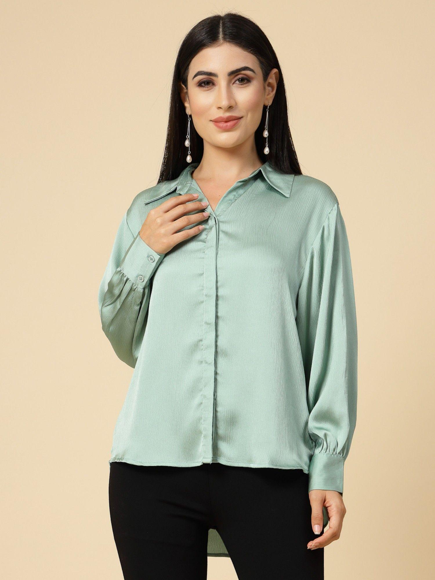 mint green solid satin shirt