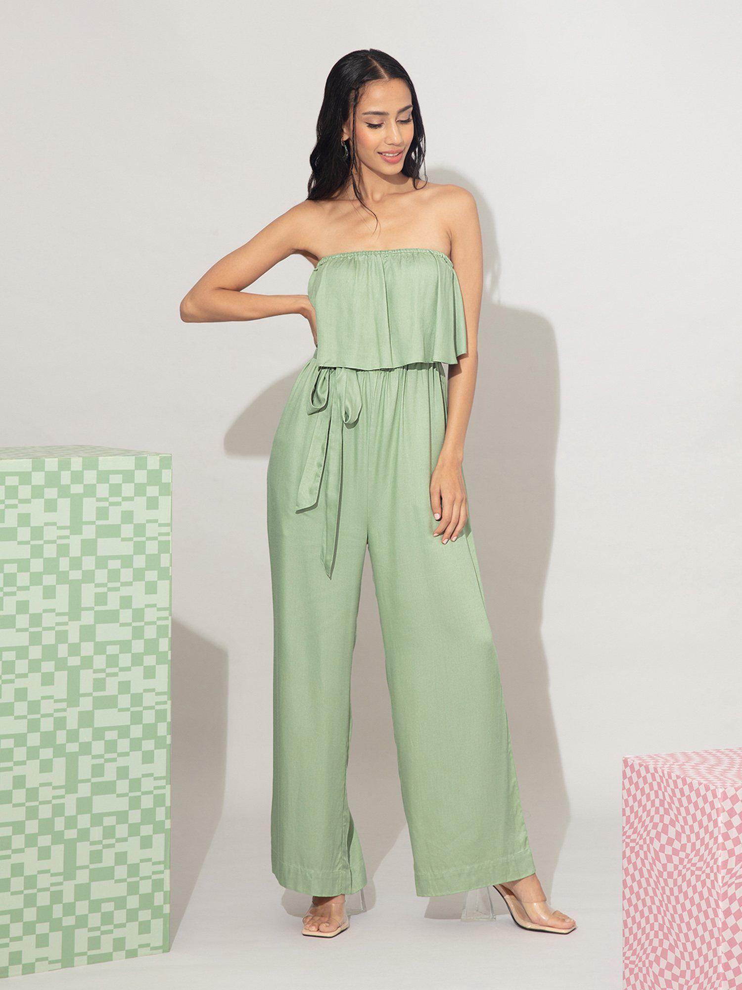 mint green solid wide leg tube jumpsuit