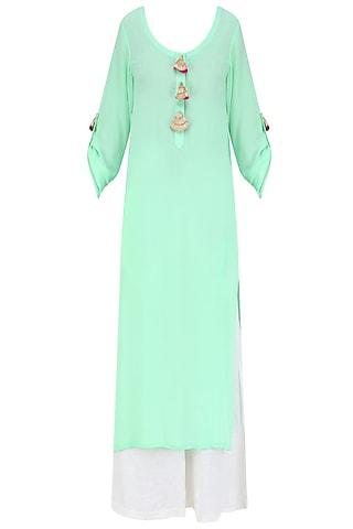 mint green straight fit kurta with off white palazzos and pink gota work dupatta