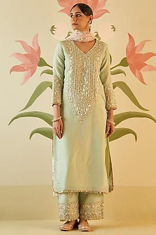 mint green tissue zardosi embroidered kurta set