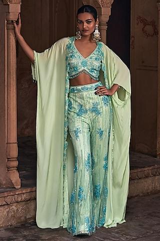 mint green tulle & crepe floral embroidered cape set