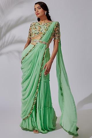 mint green tulle & georgette embroidered tiered gharara saree set