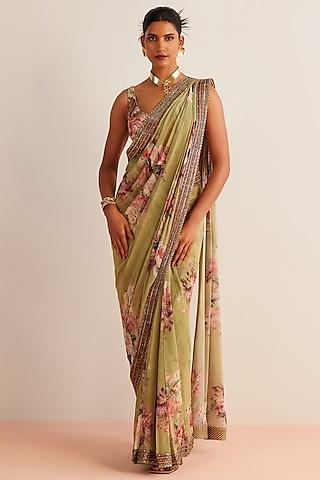 mint green viscose georgette printed pre-draped saree set