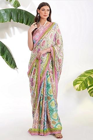 mint green viscose satin georgette printed saree set