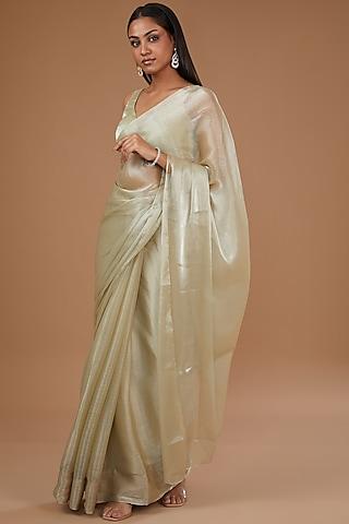 mint green wrinkled organza weave embroidered saree set