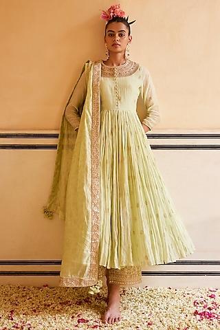 mint handloom chanderi & organza silk embroidered anarkali set