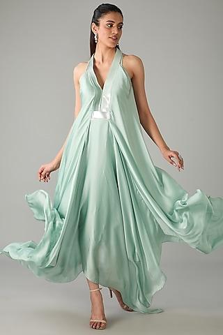 mint metallic polymer & crepe chiffon dress