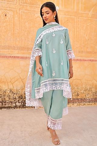 mint muslin aari embroidered a-line kurta set