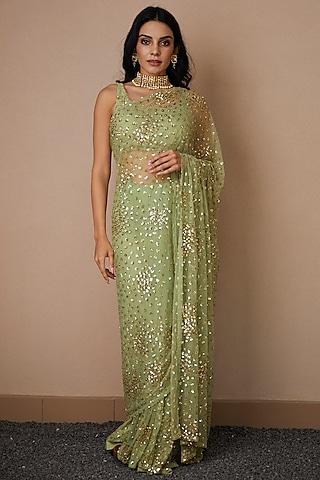 mint net & crepe embellished saree set