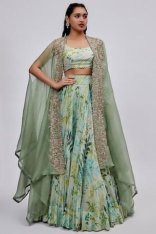 mint organza embroidered cape set