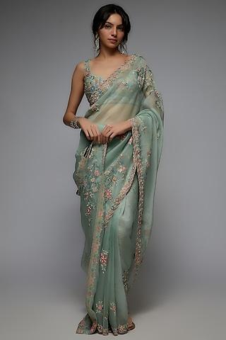 mint organza hand embroidered saree set