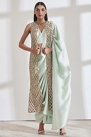 mint pre-pleated saree with vik vlouse and honey comb jacket