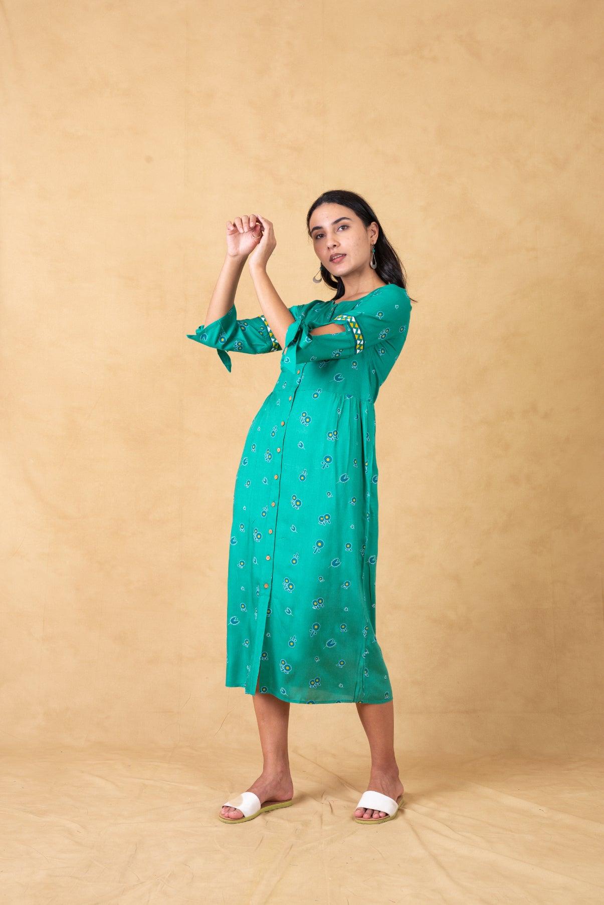 mint printed dress with embroidered sleeves