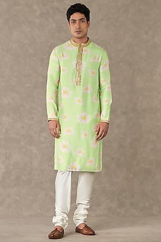 mint raw silk digital printed kurta set