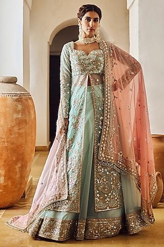 mint shantoon zari embroidered lehenga set