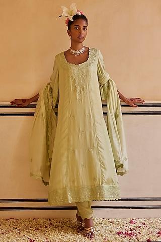 mint silk & organza silk embroidered kurta set