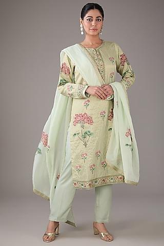 mint silk chanderi hand-block printed & zardosi embroidered kurta set
