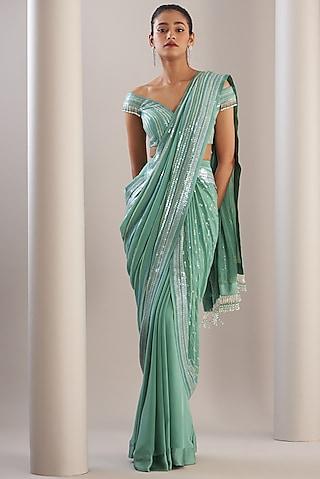 mint silk embroidered pre-draped saree set