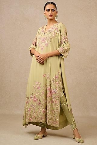 mint silk georgette hand embroidered kurta set