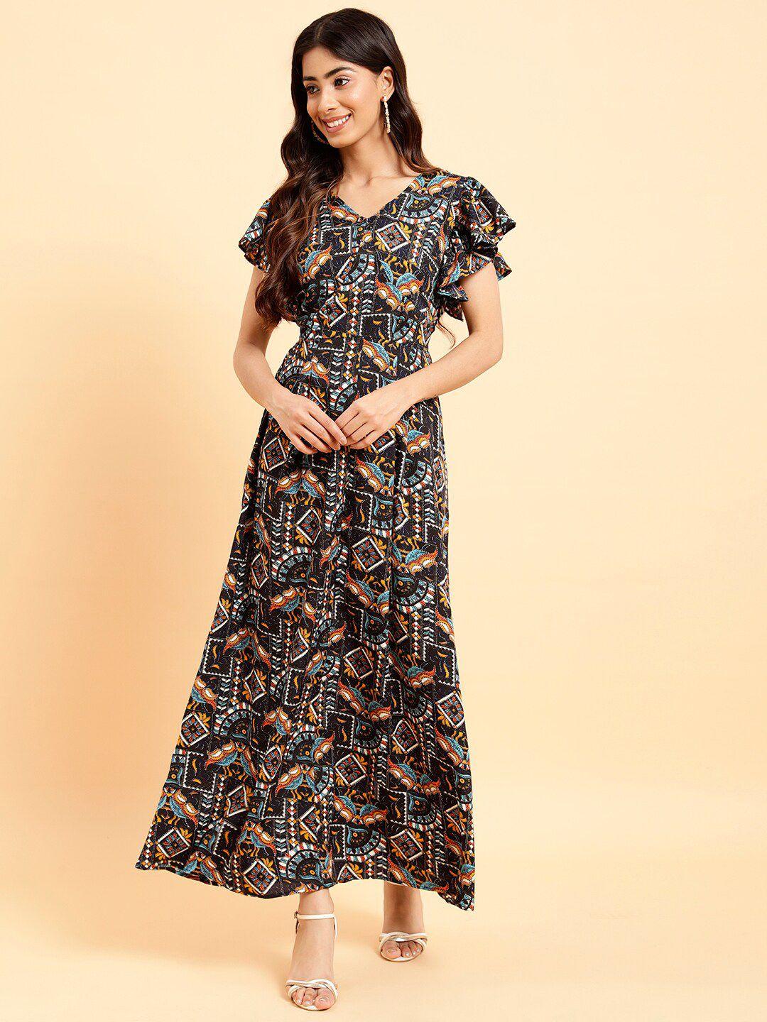 mint street conversational printed flutter sleeves a-line maxi dress