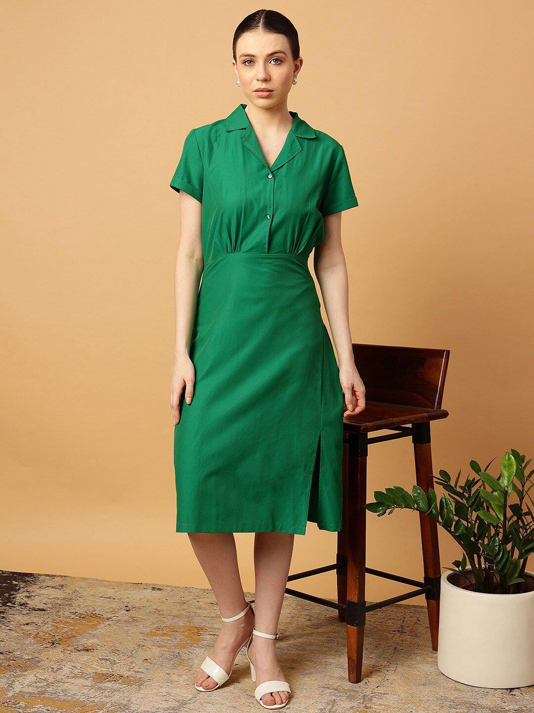 mint street cuban collar gathered pure cotton a-line midi dress