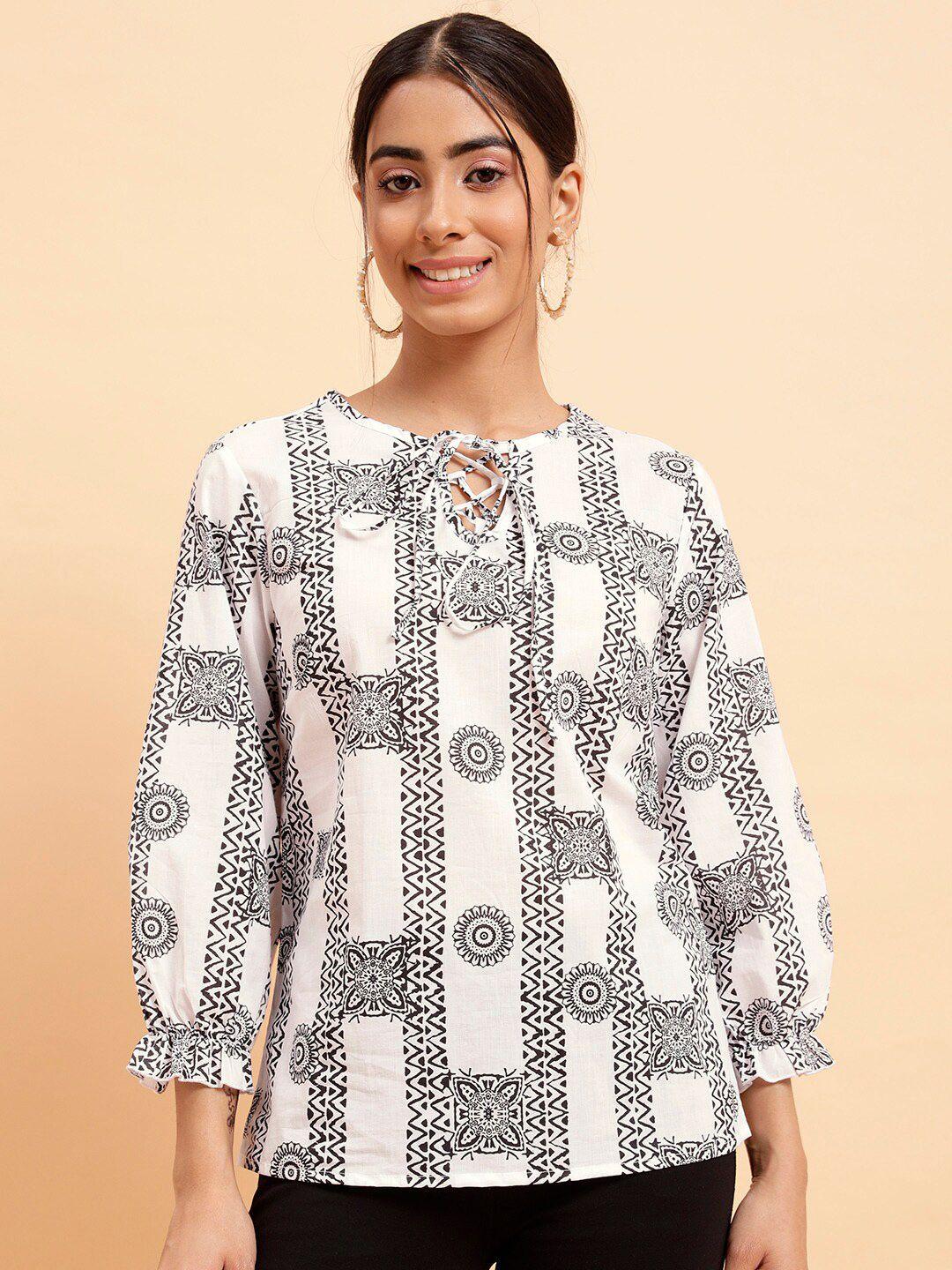 mint street ethnic motif printed tie-up neck puff sleeves top