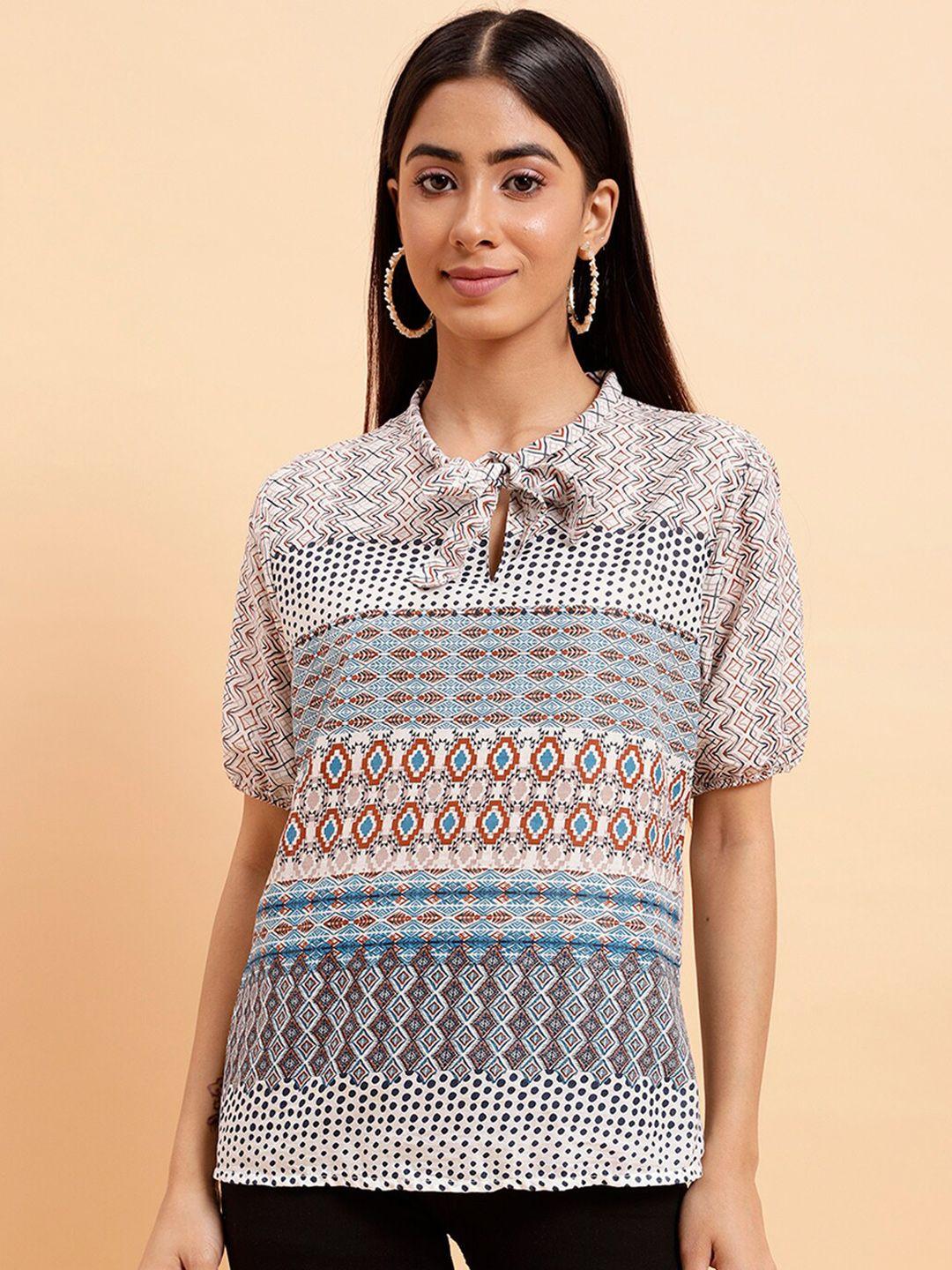 mint street ethnic motif printed tie-up neck top