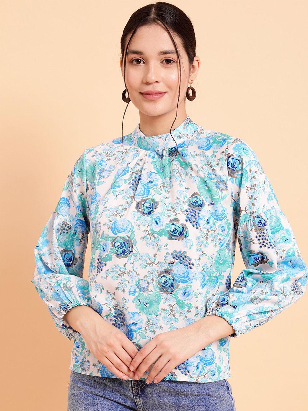 mint street floral printed high neck cuff sleeve crepe top