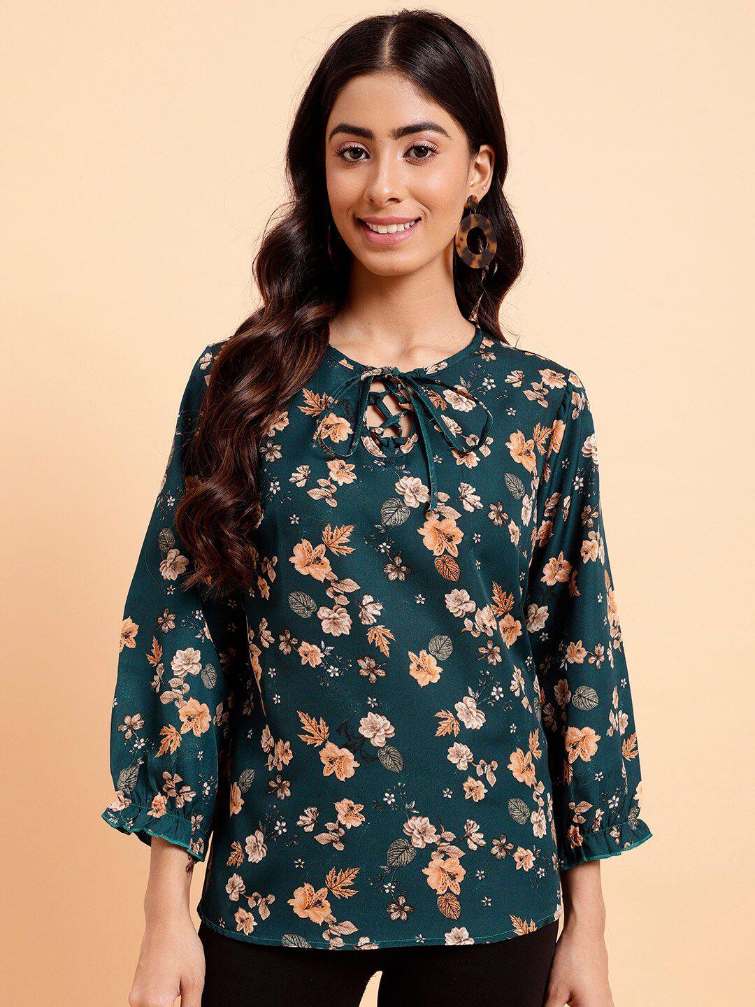 mint street floral printed tie-up neck cuffed sleeves crepe top