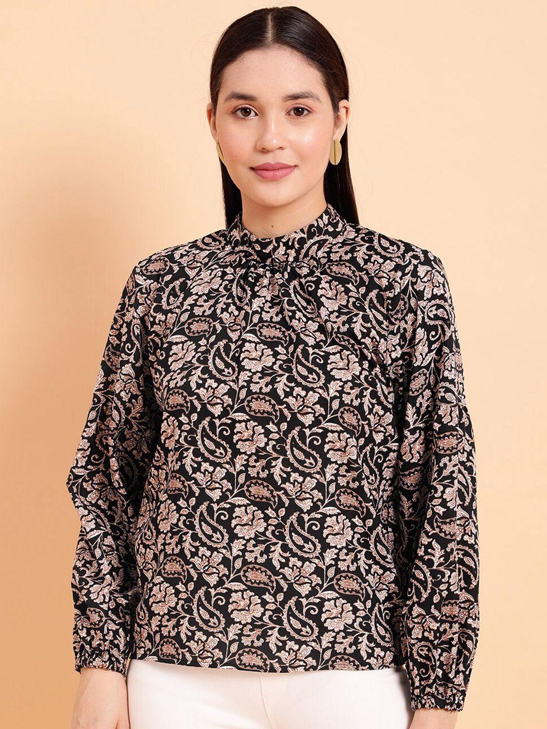 mint street paisley printed high neck cuff sleeve crepe top