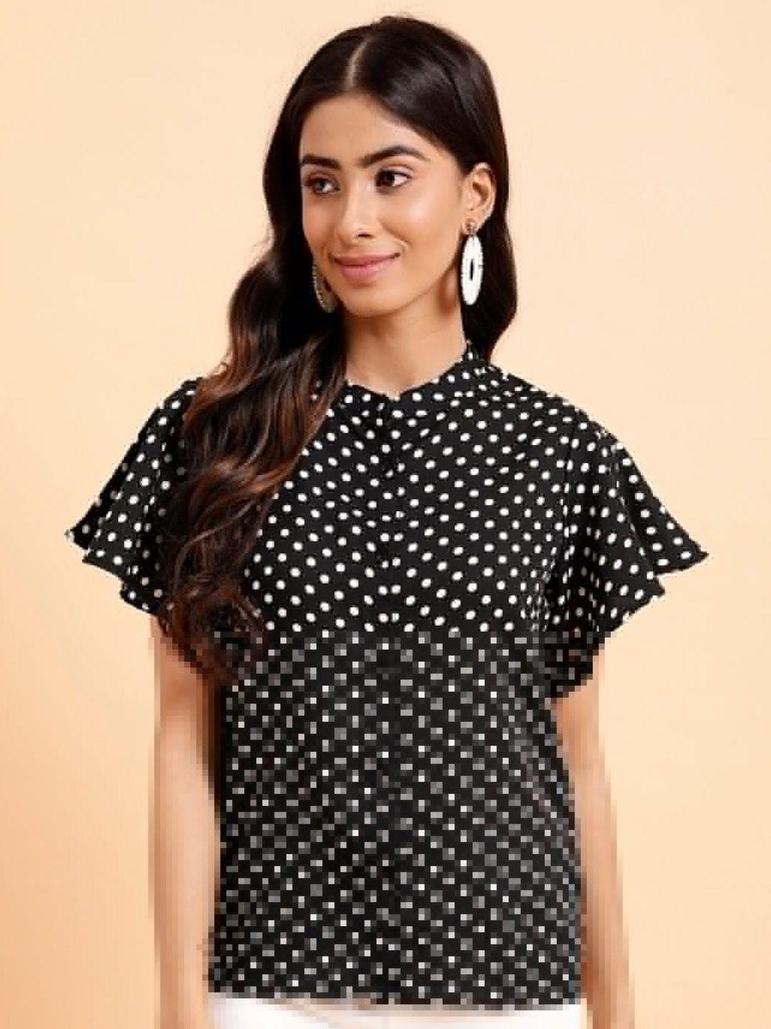 mint street polka dot printed flutter sleeves shirt style top