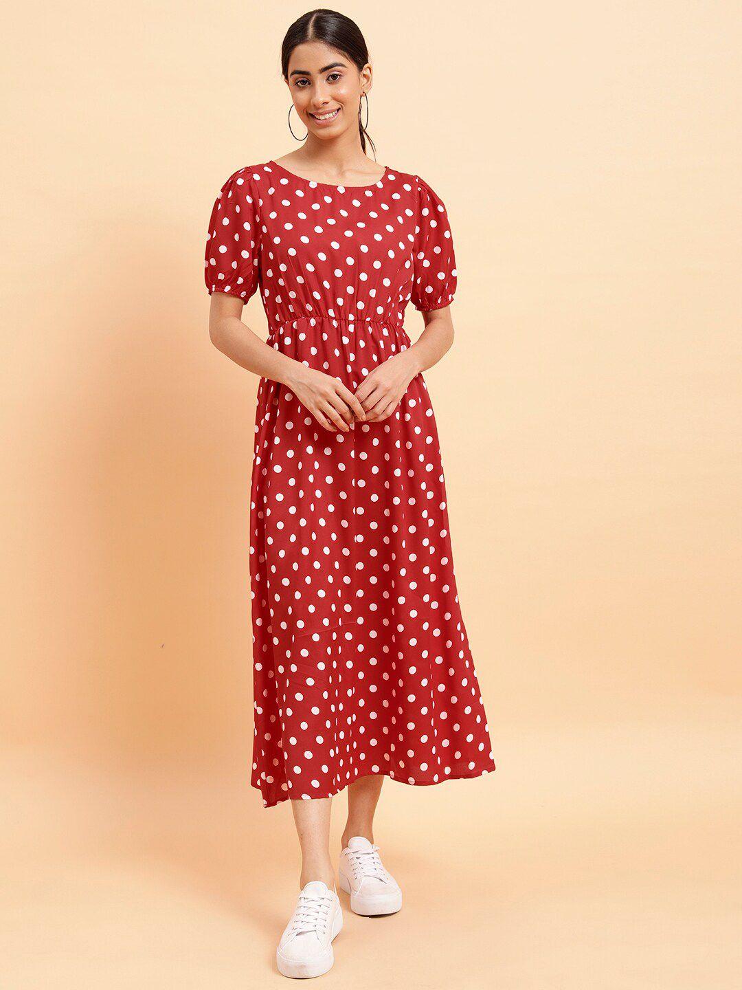 mint street polka dot printed puff sleeves fit & flare midi dress