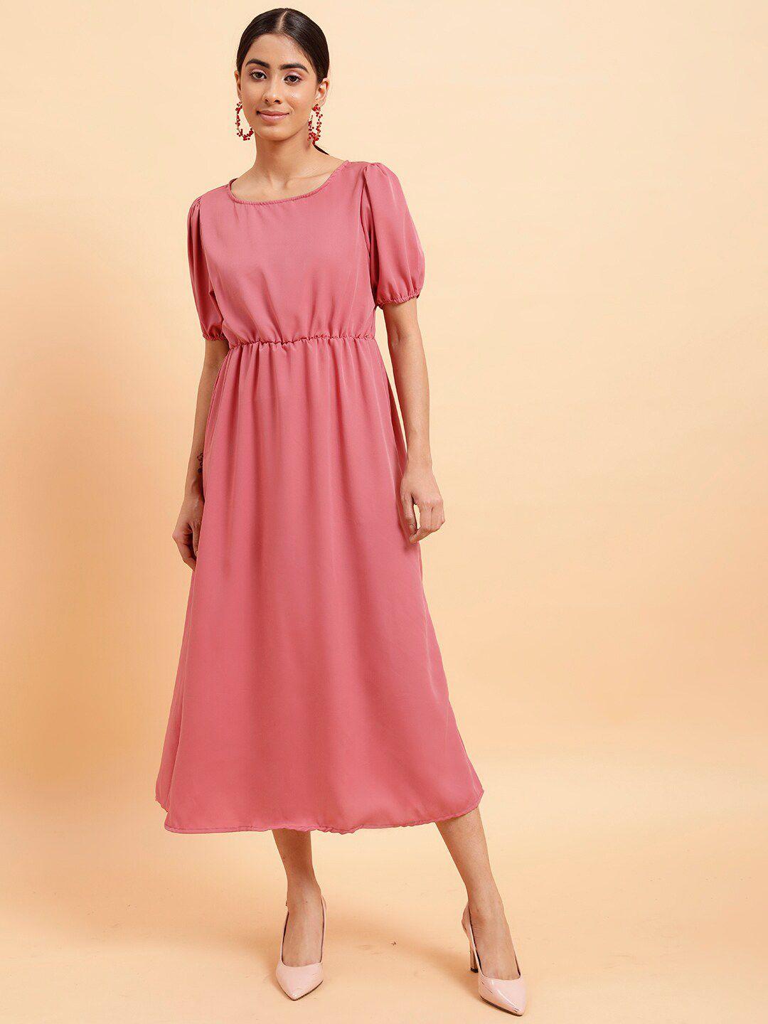 mint street round neck puff sleeves fit & flare midi dress