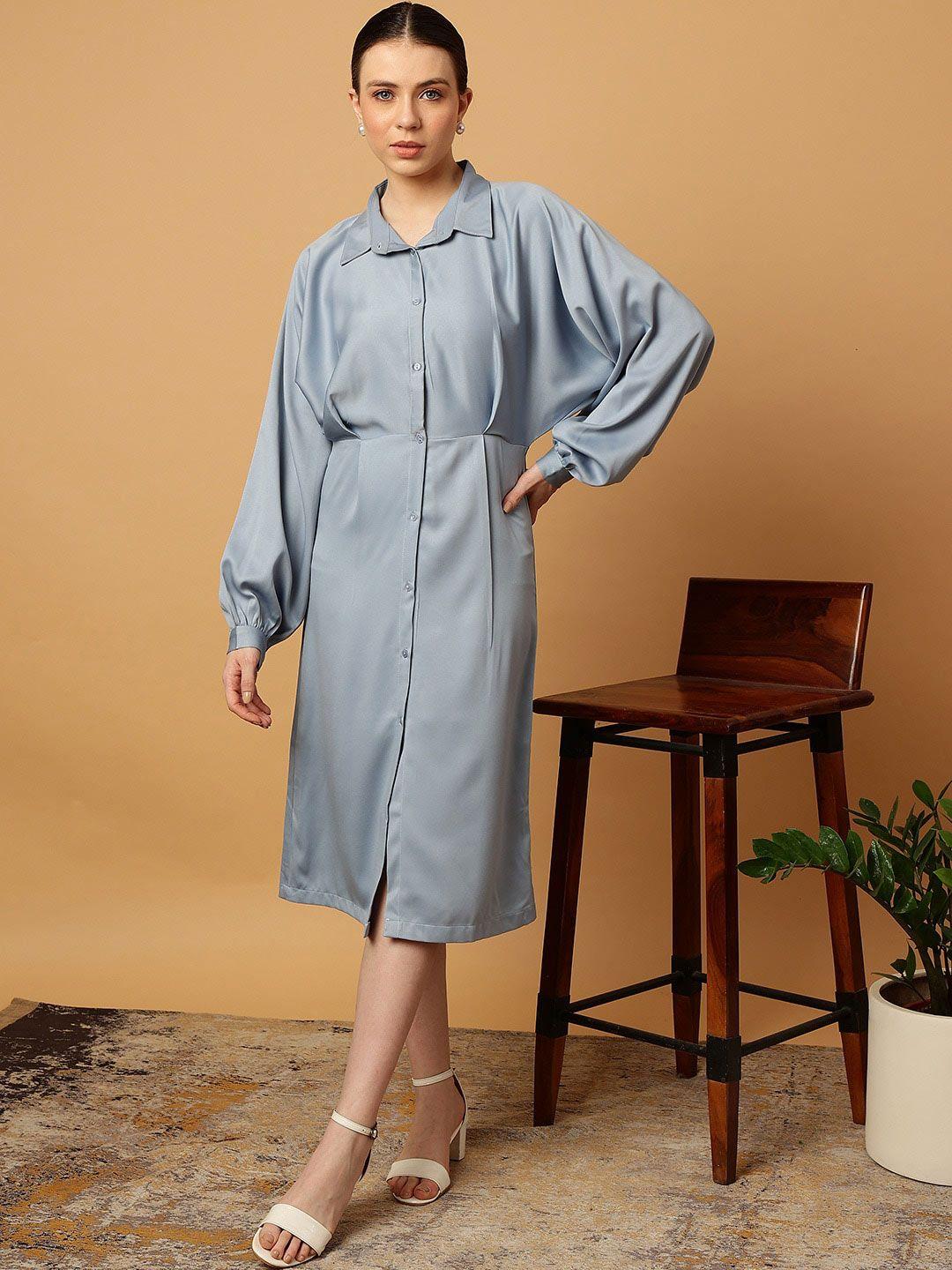 mint street shirt collar puff sleeve satin shirt midi dress