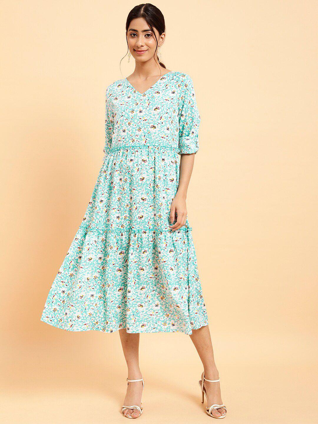 mint street v-neck floral print crepe a-line midi dress