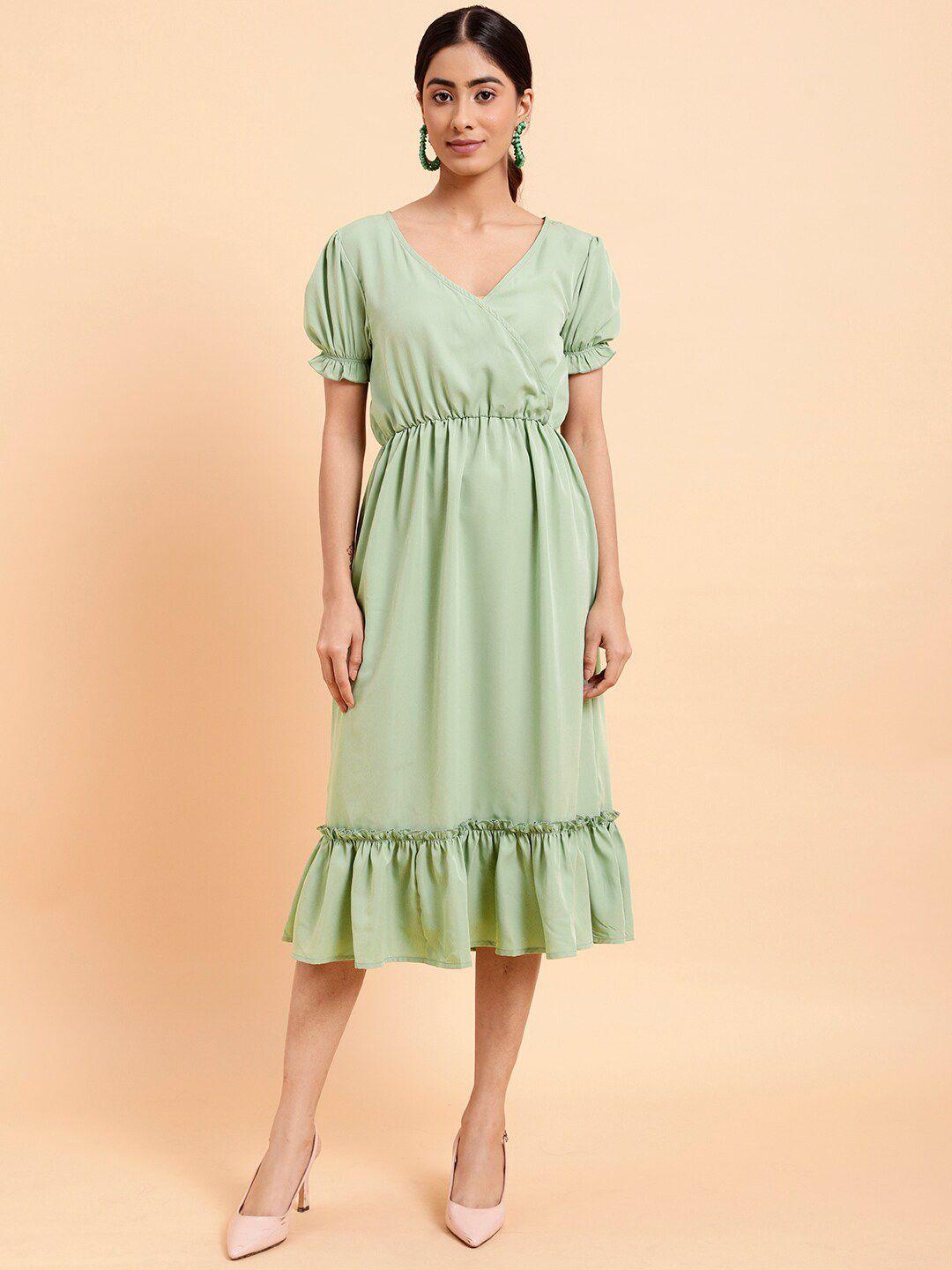 mint street v-neck puff sleeves crepe fit & flare midi dress