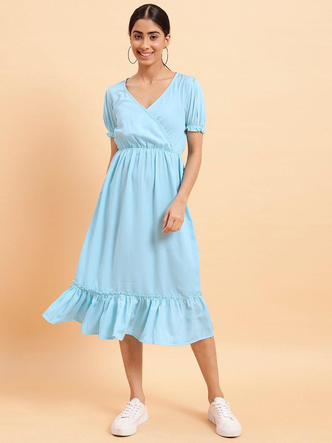 mint street v-neck puff sleeves fit & flare midi dress