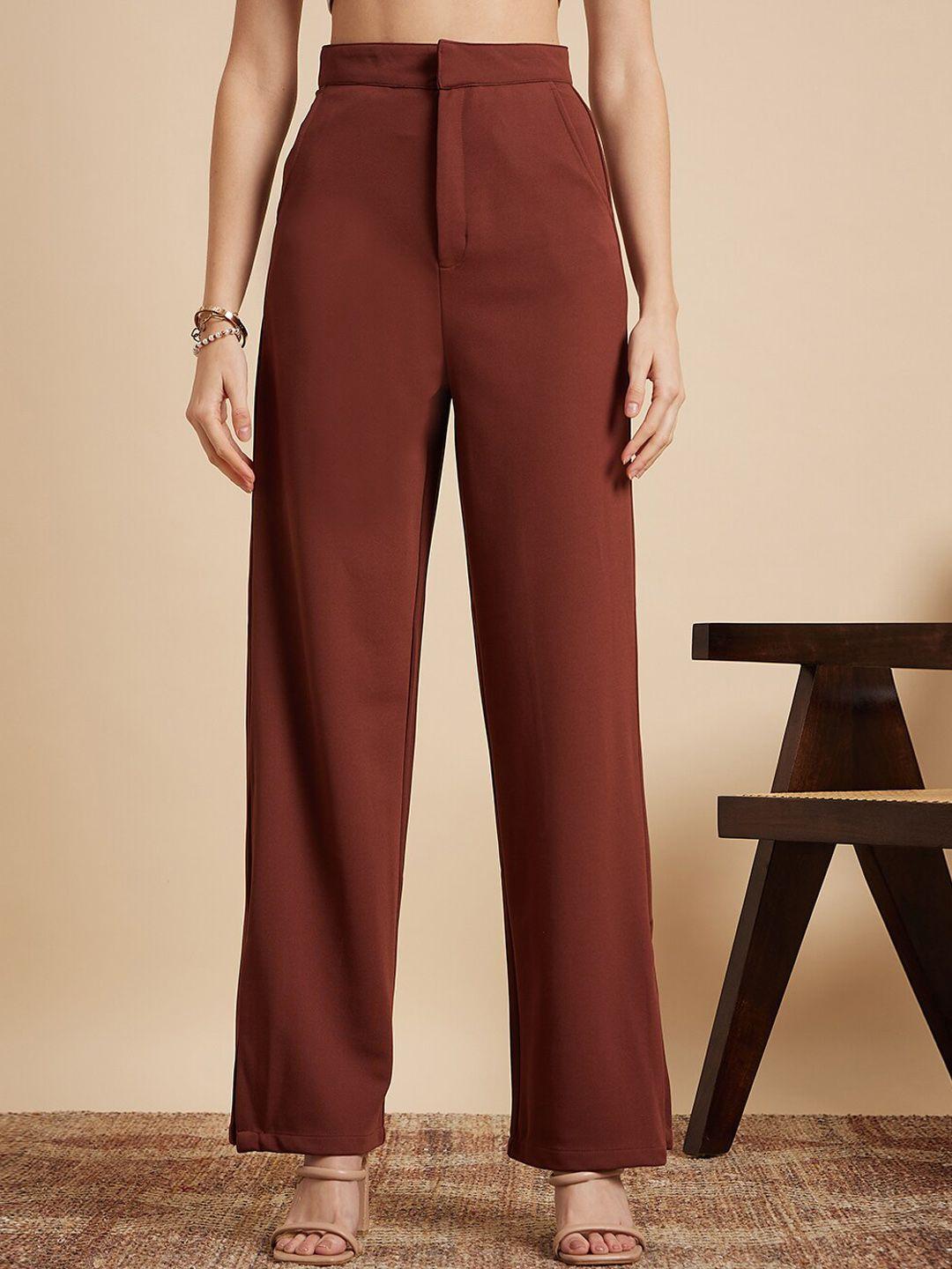 mint street women brown tailored straight fit parallel trousers