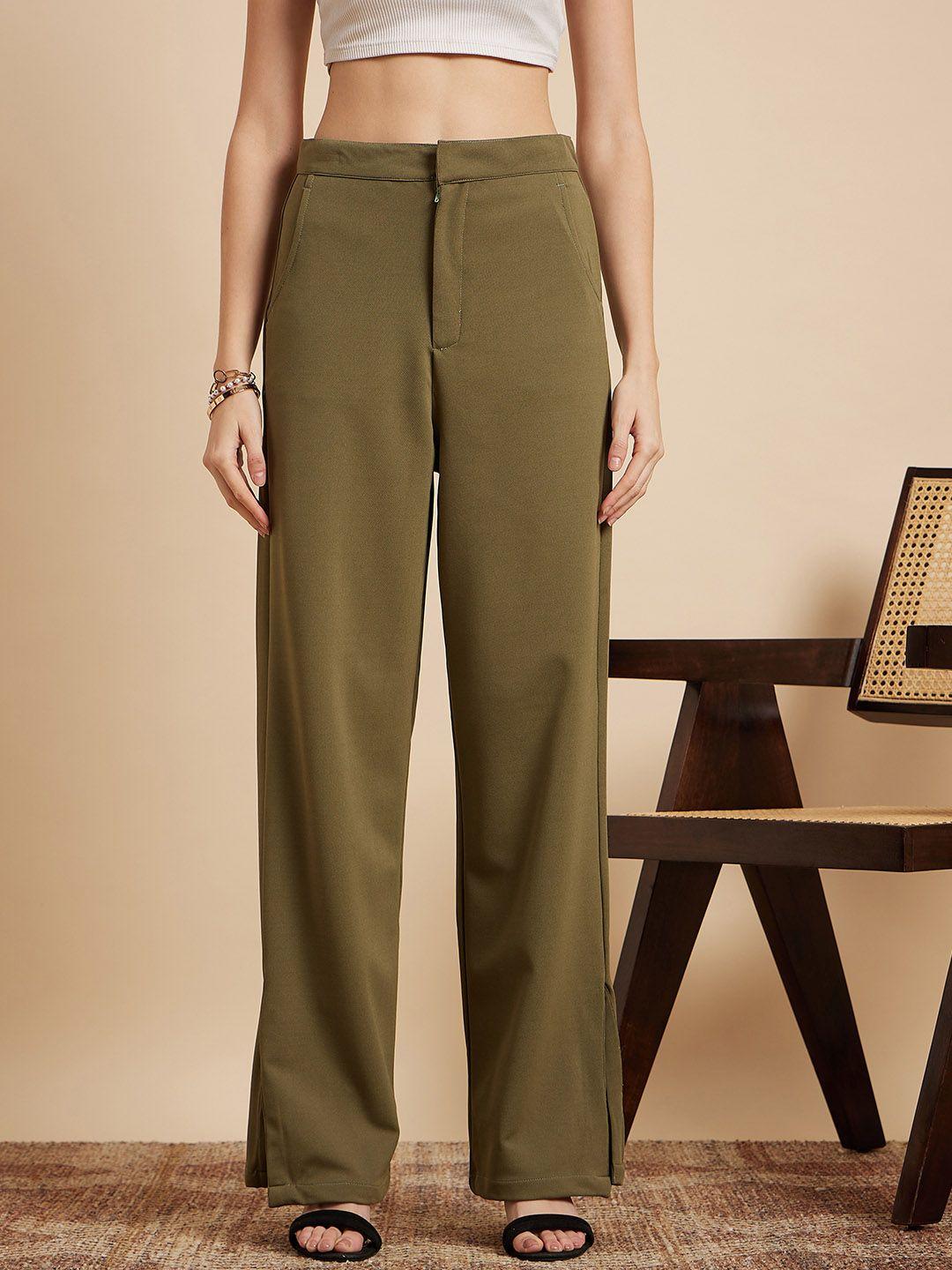 mint street women olive green tailored straight fit parallel trousers