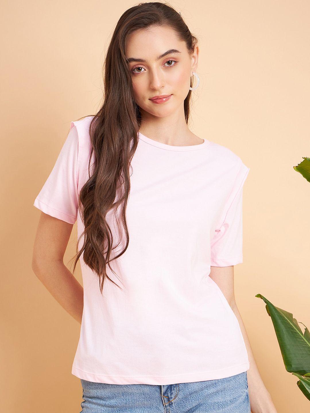 mint street women pink v-neck drop-shoulder sleeves pockets t-shirt