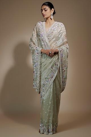 mint tissue organza sequin embellished saree set