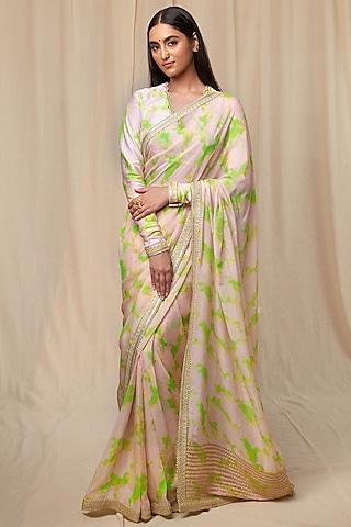 mint viscose organza printed & embroidered saree set