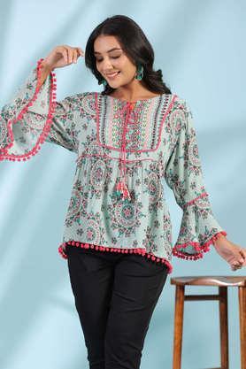 mint women rayon crepe ethnic motif printed peplum tunic with beadwork - green