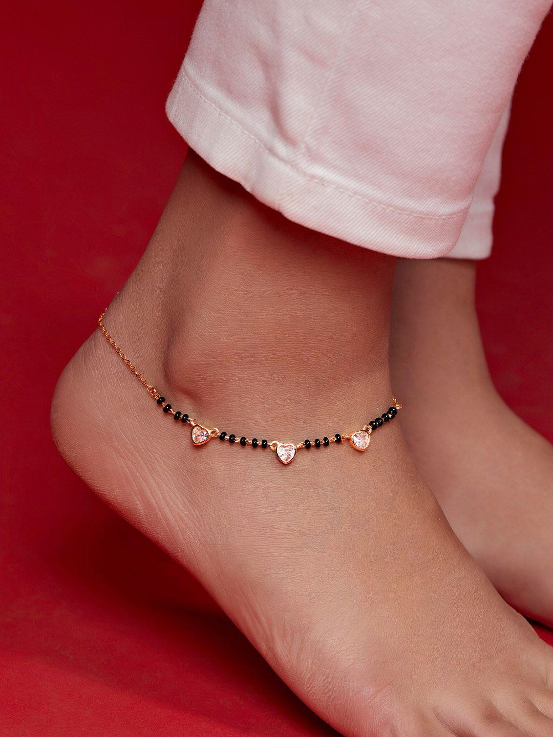 minutiae gold-plated crystal studded & beaded heart charm anklet